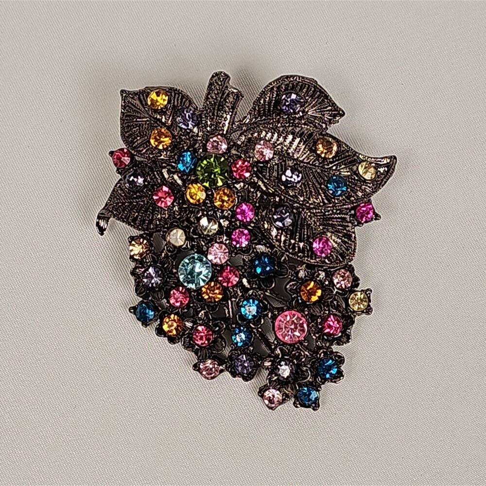Vintage Multicolor Rhinestone Flower Bouquet Brooch Silver Tone 1960s
